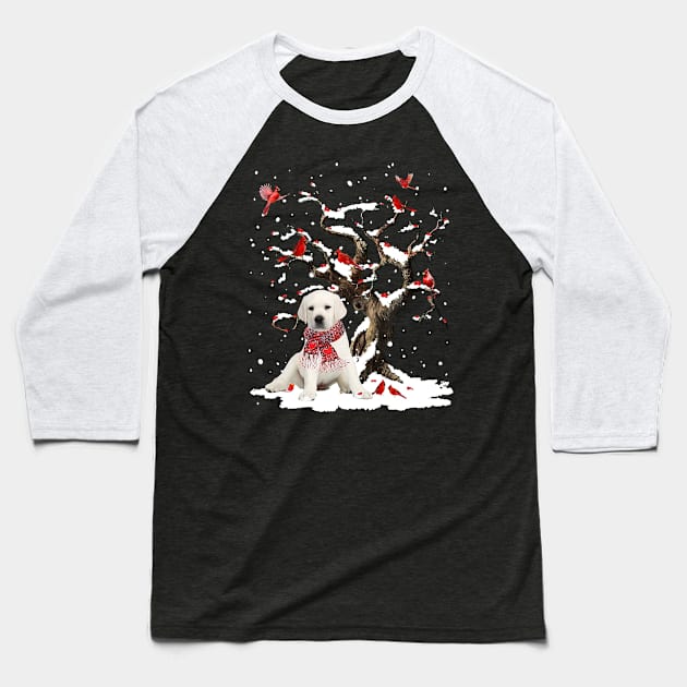 White Labrador Scarf Cardinal Snow Christmas Baseball T-Shirt by Benko Clarence